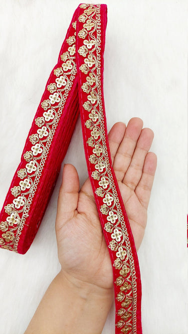 Floral Sequins Embroidered Velvet Fabric Trim Indian Sari Border, Sequin Trimming, Trim By 3 Yards